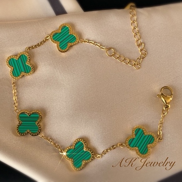Jewelry - 💎18k Green Malachite BRACELET 5 Motifs Clover Flower DESIGNER INSPIRED